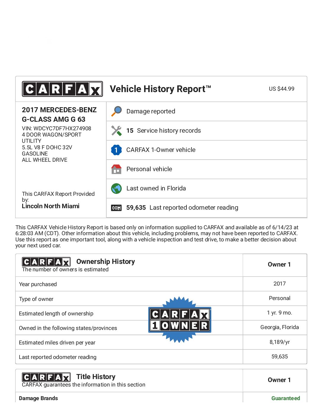 CARFAX Vehicle History Report for this 2017 MERCEDES-BENZ G-CLASS AMG G 63_ WDCYC7DF7HX274908 2017 Mercedes-Benz G 63 AMG 4MATIC