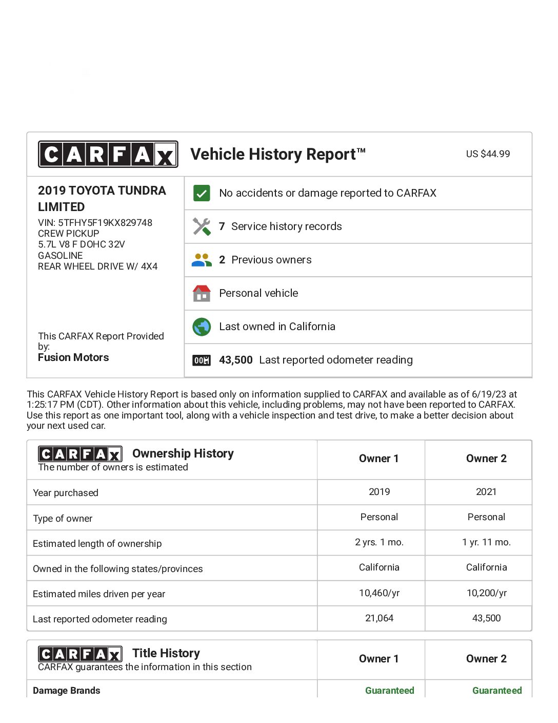 CARFAX Vehicle History Report for this 2019 TOYOTA TUNDRA LIMITED_ 5TFHY5F19KX829748 2019 Toyota Tundra Limited