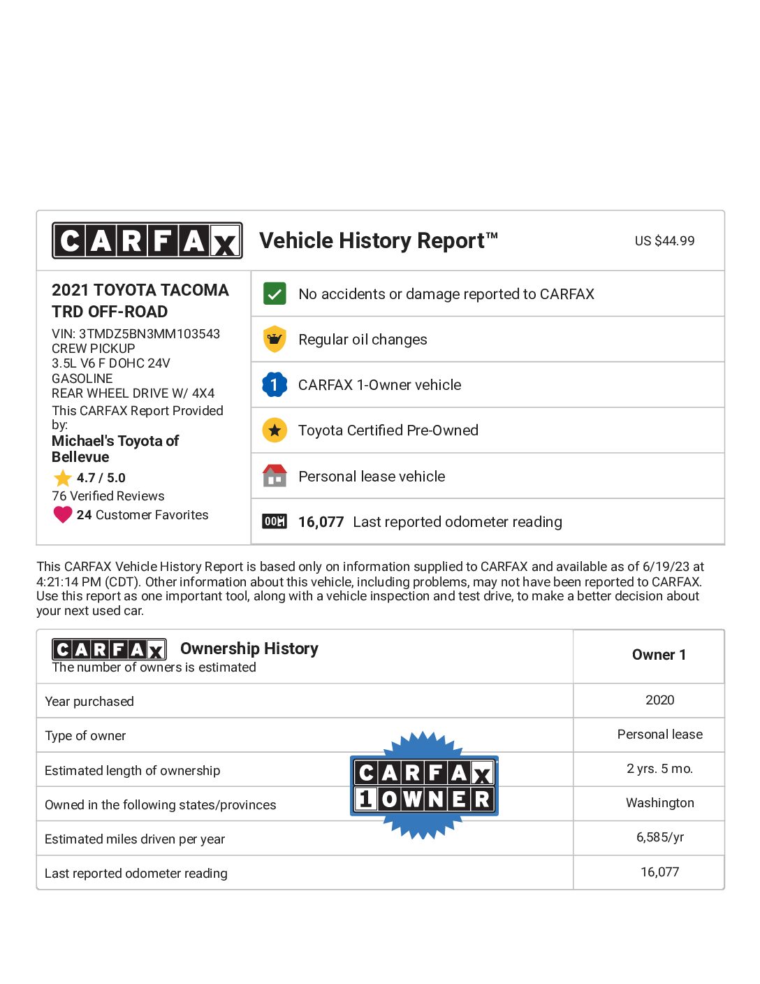 CARFAX Vehicle History Report for this 2021 TOYOTA TACOMA TRD OFF-ROAD_ 3TMDZ5BN3MM103543 2021 Toyota Tacoma TRD Off-Road
